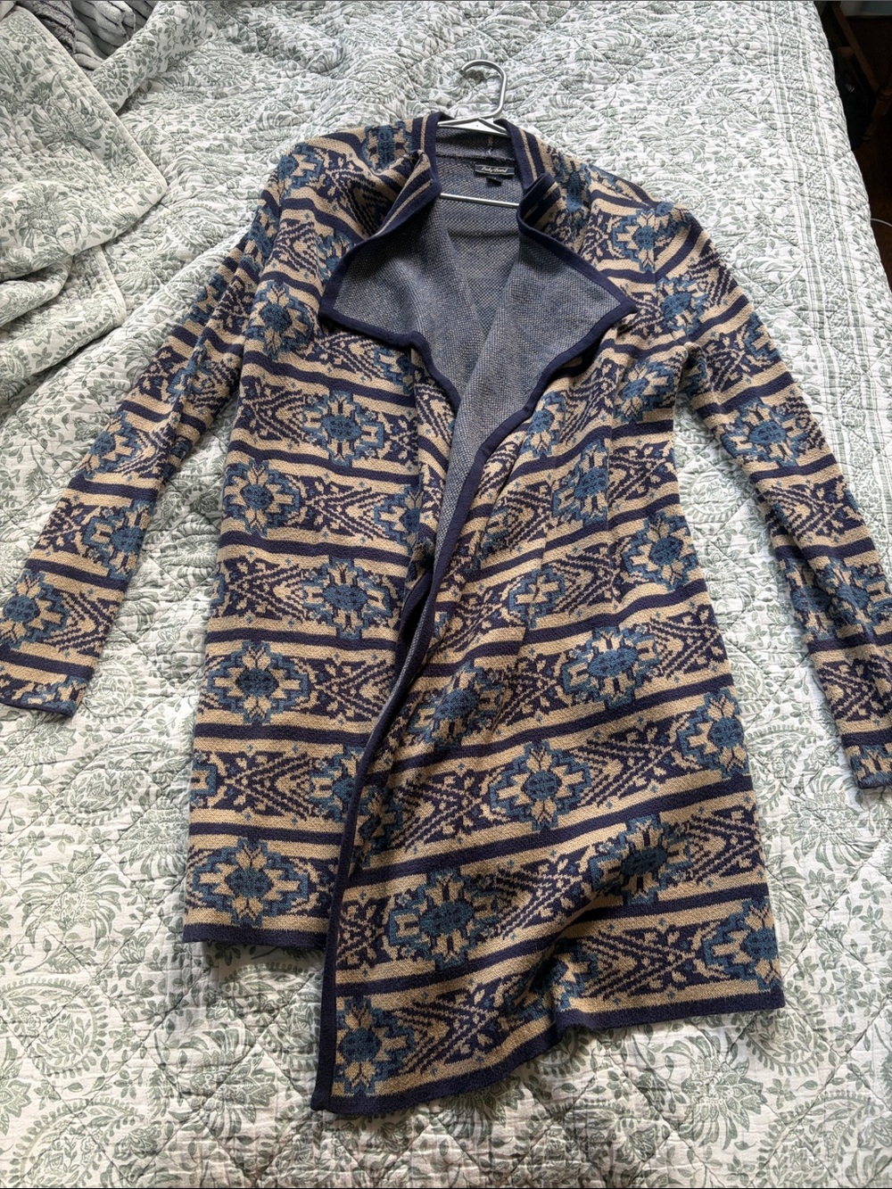 Lucky Brand Navy and Tan Aztec print Knit Cardigan